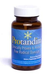 Brown glass supplement bottle with blue label and white cap labeled Protandim